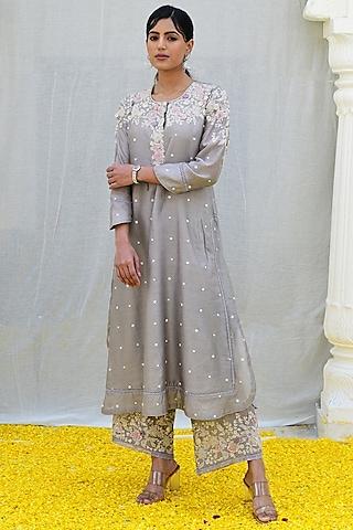 grey banarasi silk embroidered kurta set