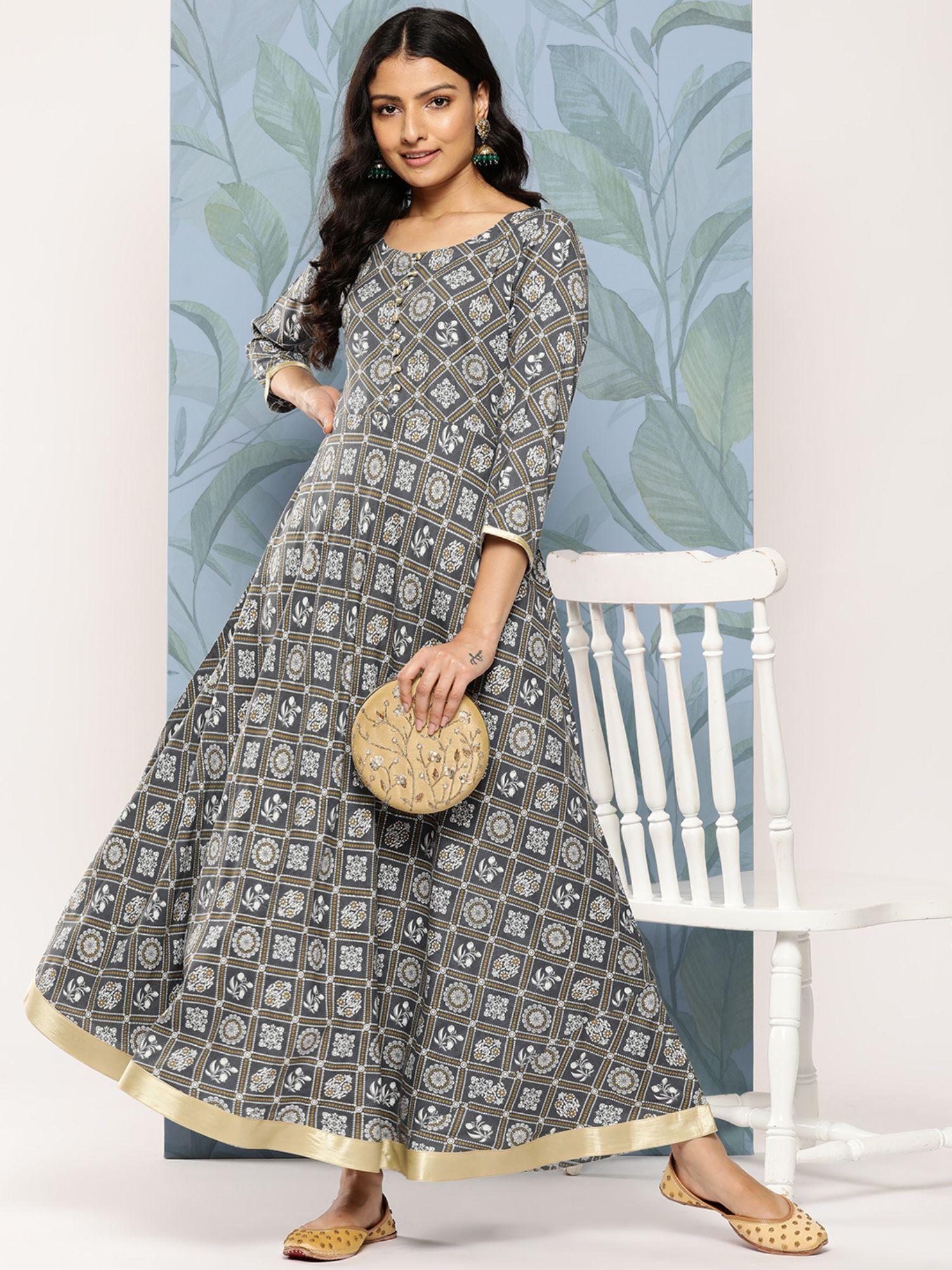 grey bandhani & floral printed fit & flare maxi dress