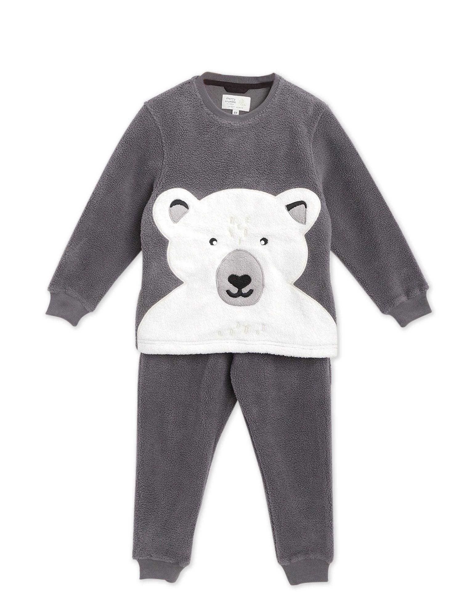 grey bear fleece night suit (set of 2)