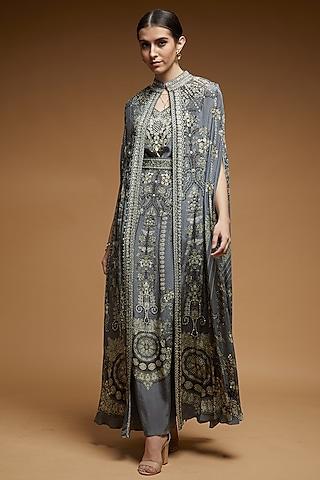 grey bemberg crepe digital printed cape with attached inner