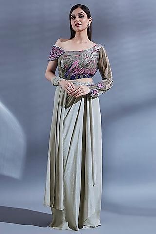 grey bemberg hand embroidered draped gown