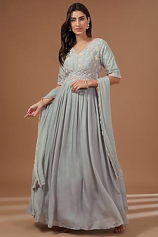 grey bemberg silk zardosi embroidered anarkali set