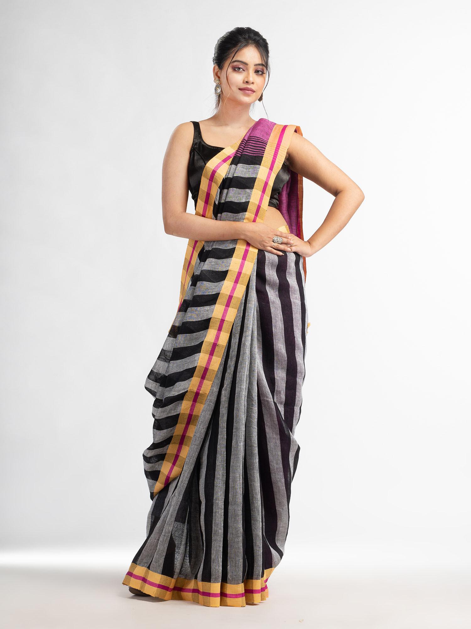 grey black all body stripe with pink pallu in multi border saree with unstitched blouse