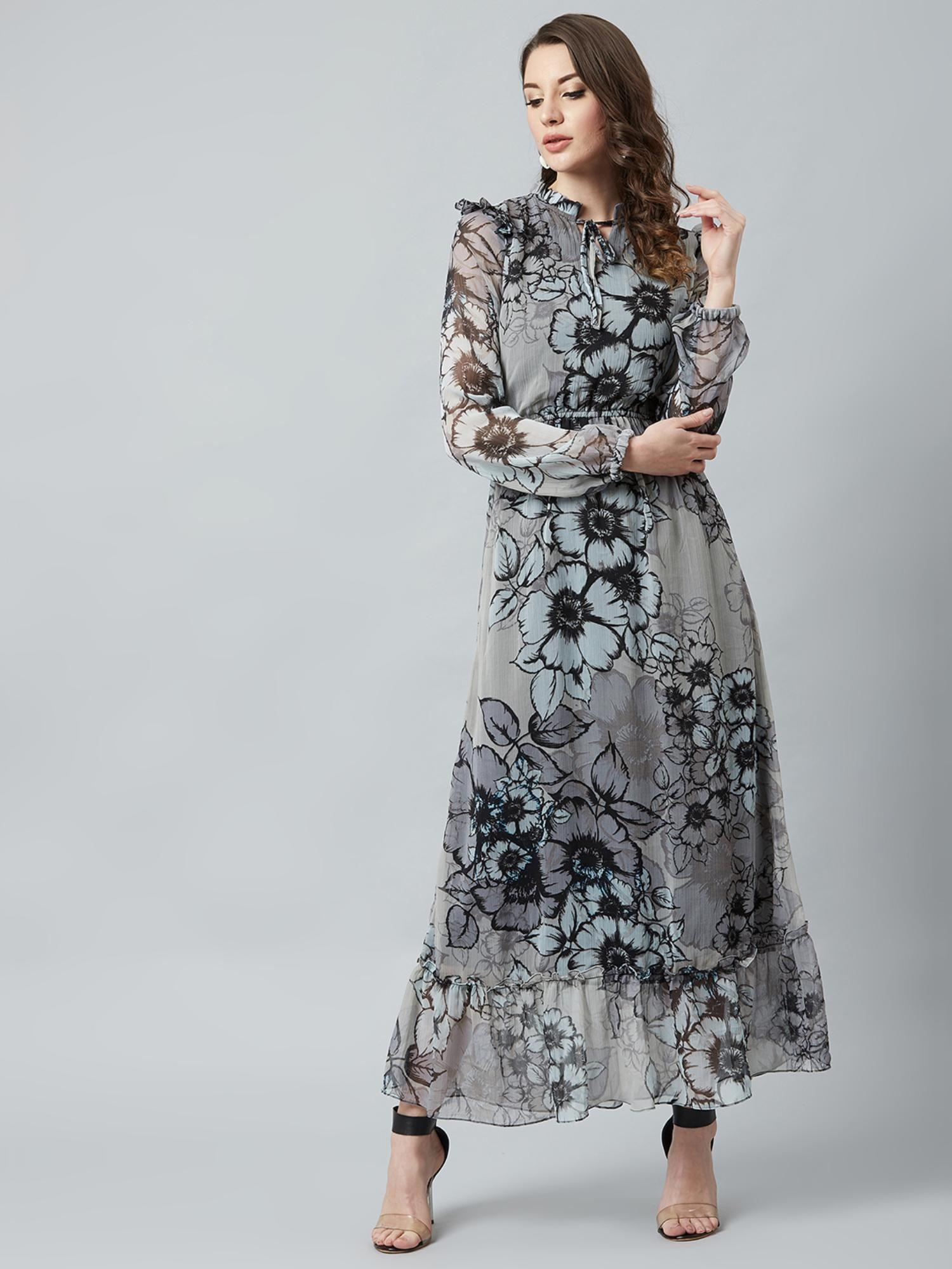 grey black floral printed maxi dress