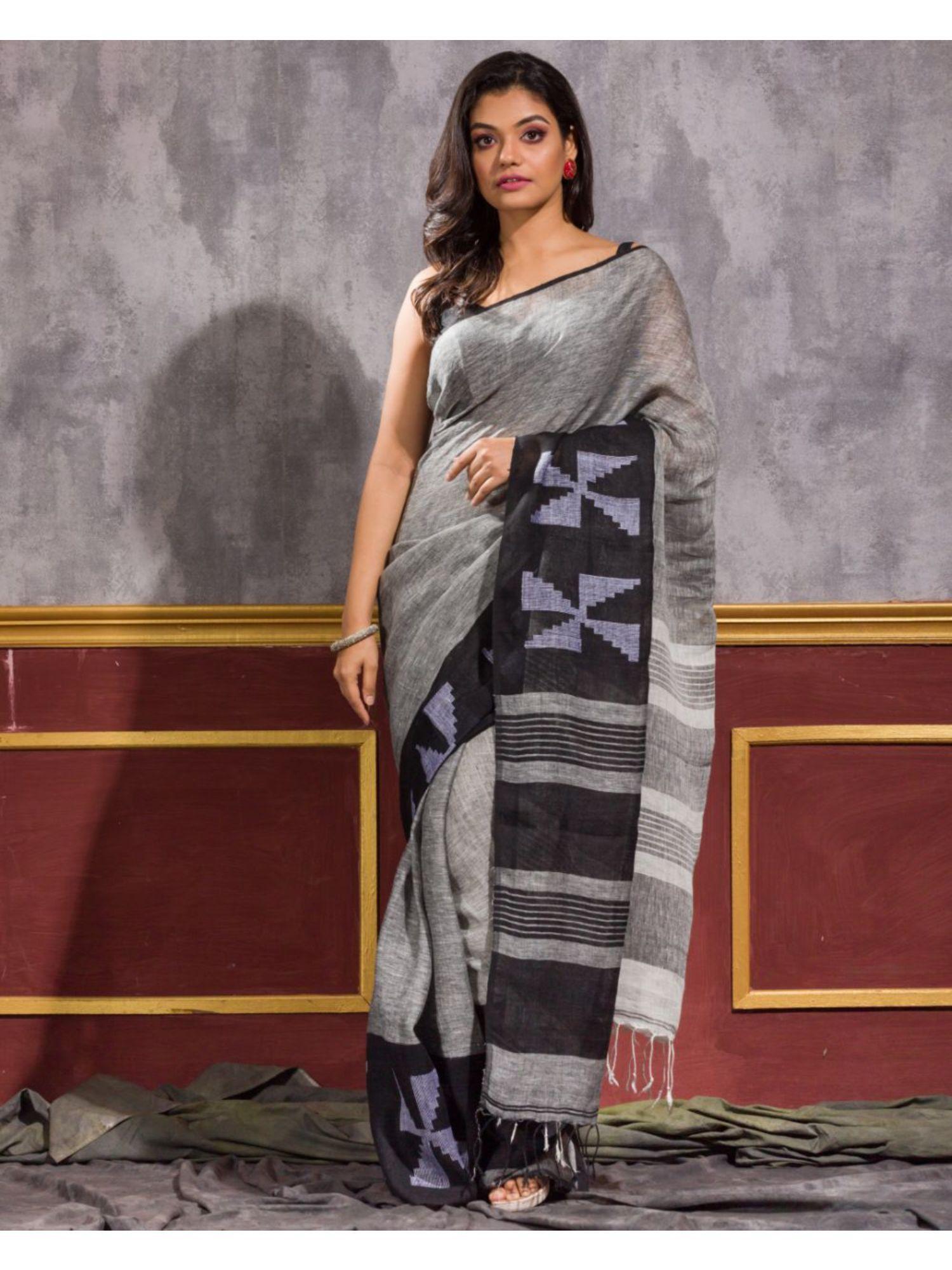 grey black handloom linen jamdani saree with unstitched blouse