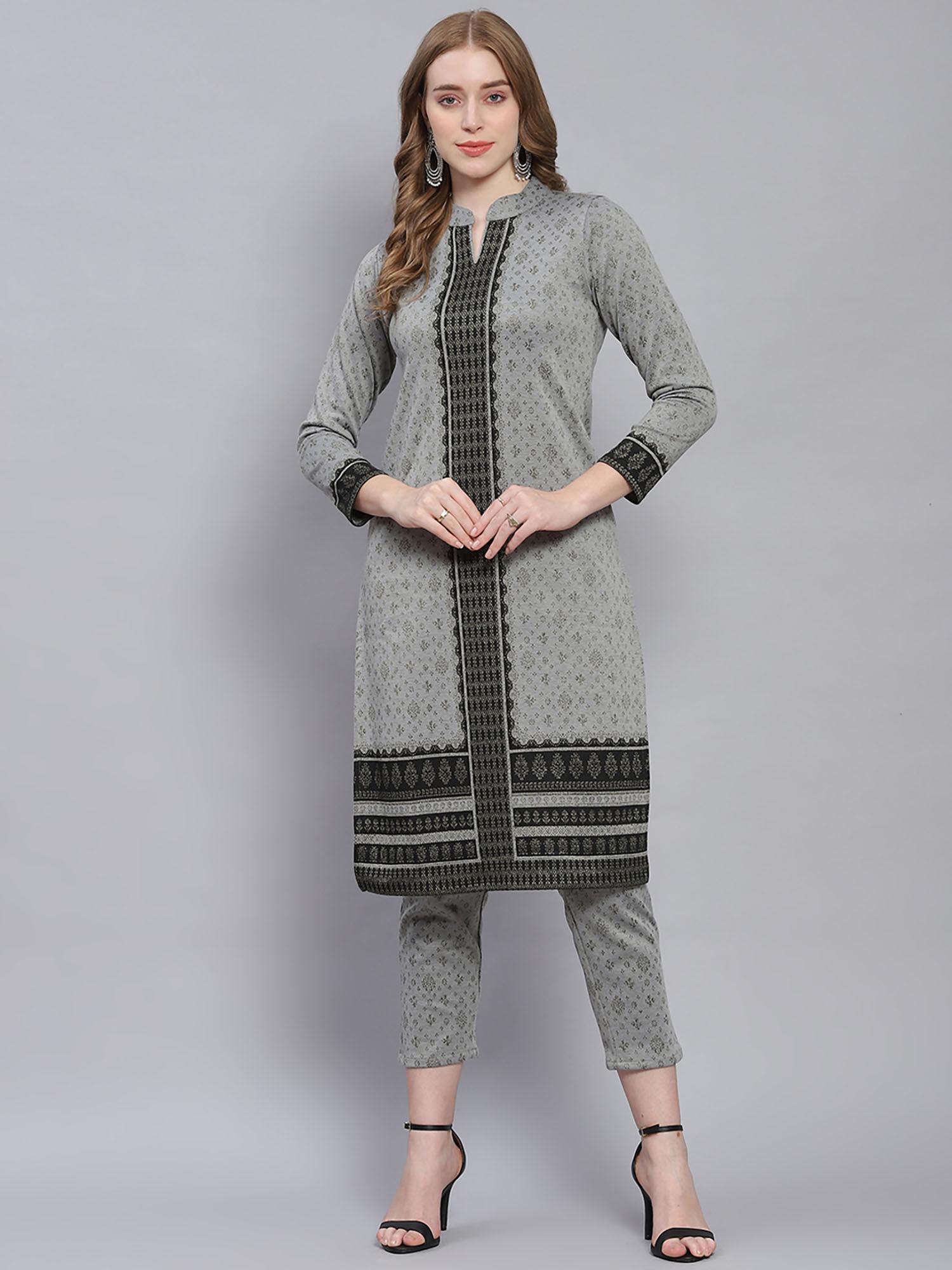 grey black printed separate mandarin collar kurta and lower (set of 2)