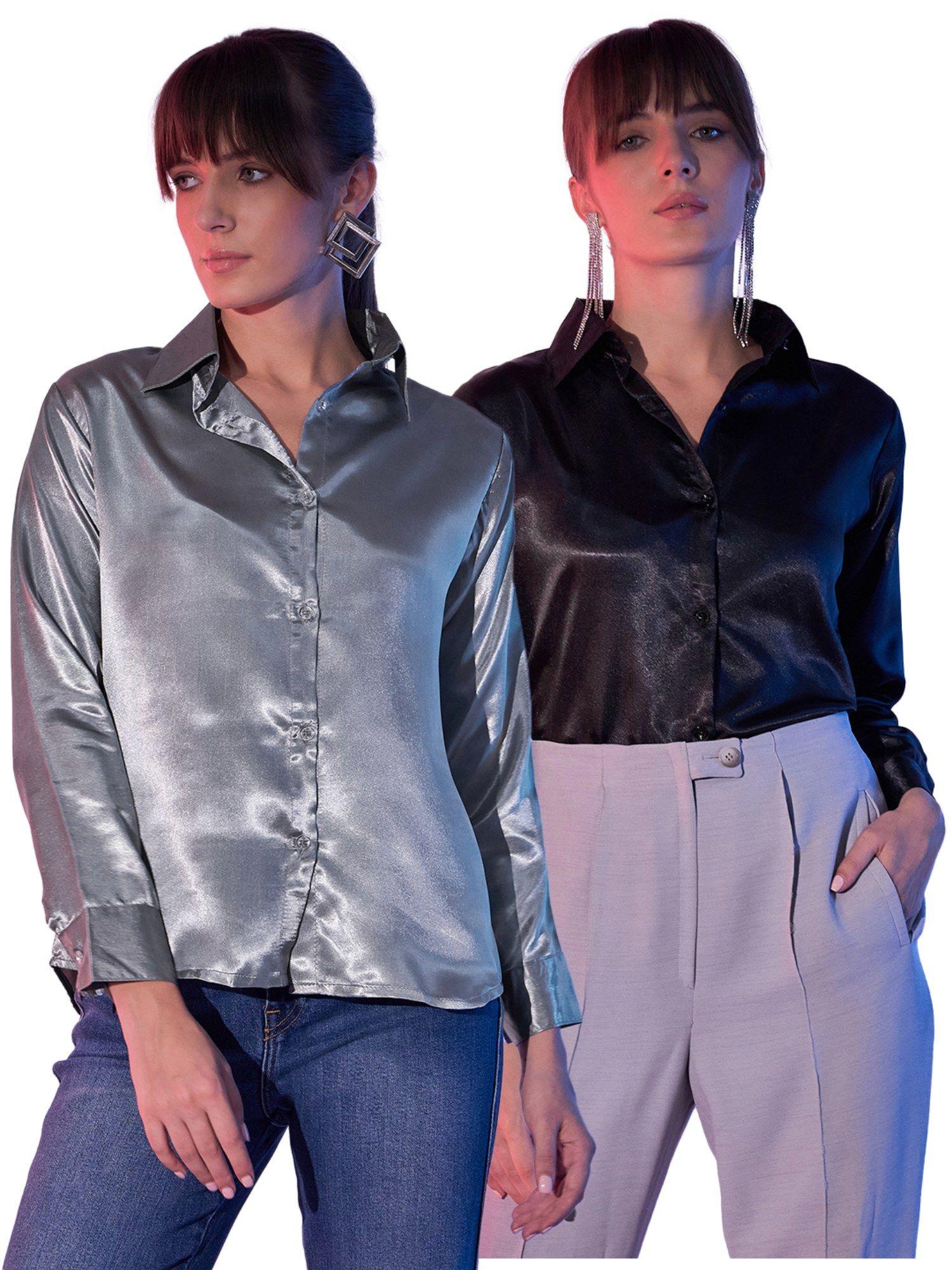 grey black regular fit womens lustrous satin formal shirts combo (pack of 2)