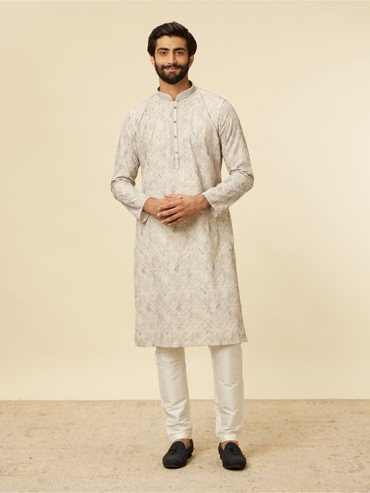 grey blended cotton digital print embroidery kurta with churidar (set of 2)