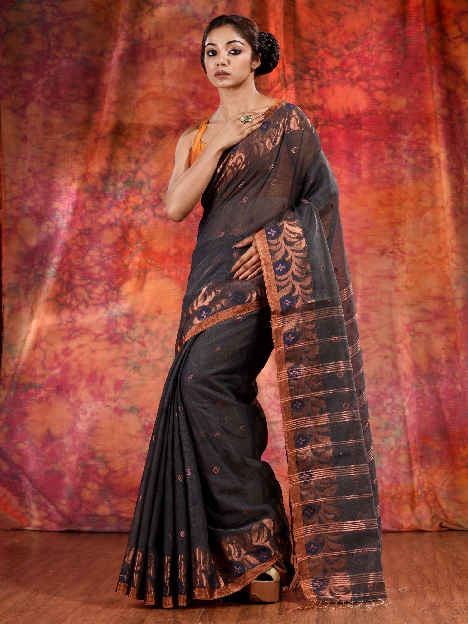 grey blended cotton handwoven saree with zari border and unstitched blouse