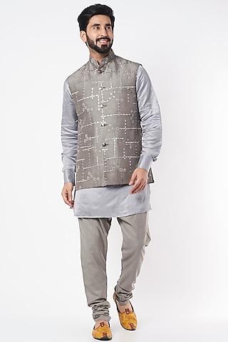 grey blended silk embroidered bundi jacket for boys
