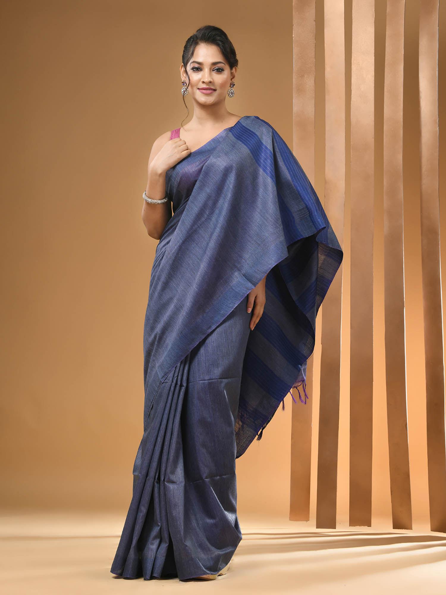 grey blended silk handwoven & stripes pattern saree with unstitched blouse