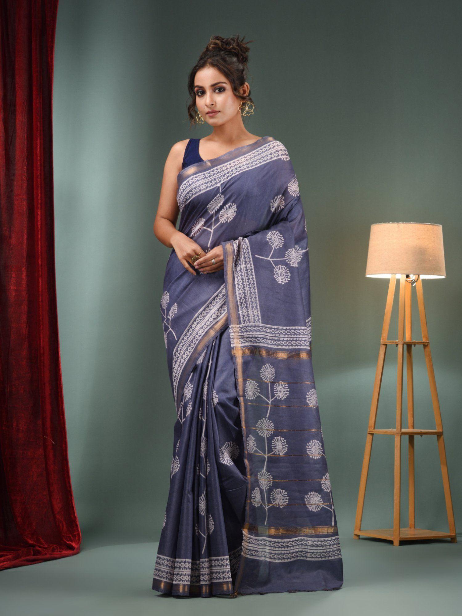 grey blended silk handwoven saree with flower designs & unstitched blouse