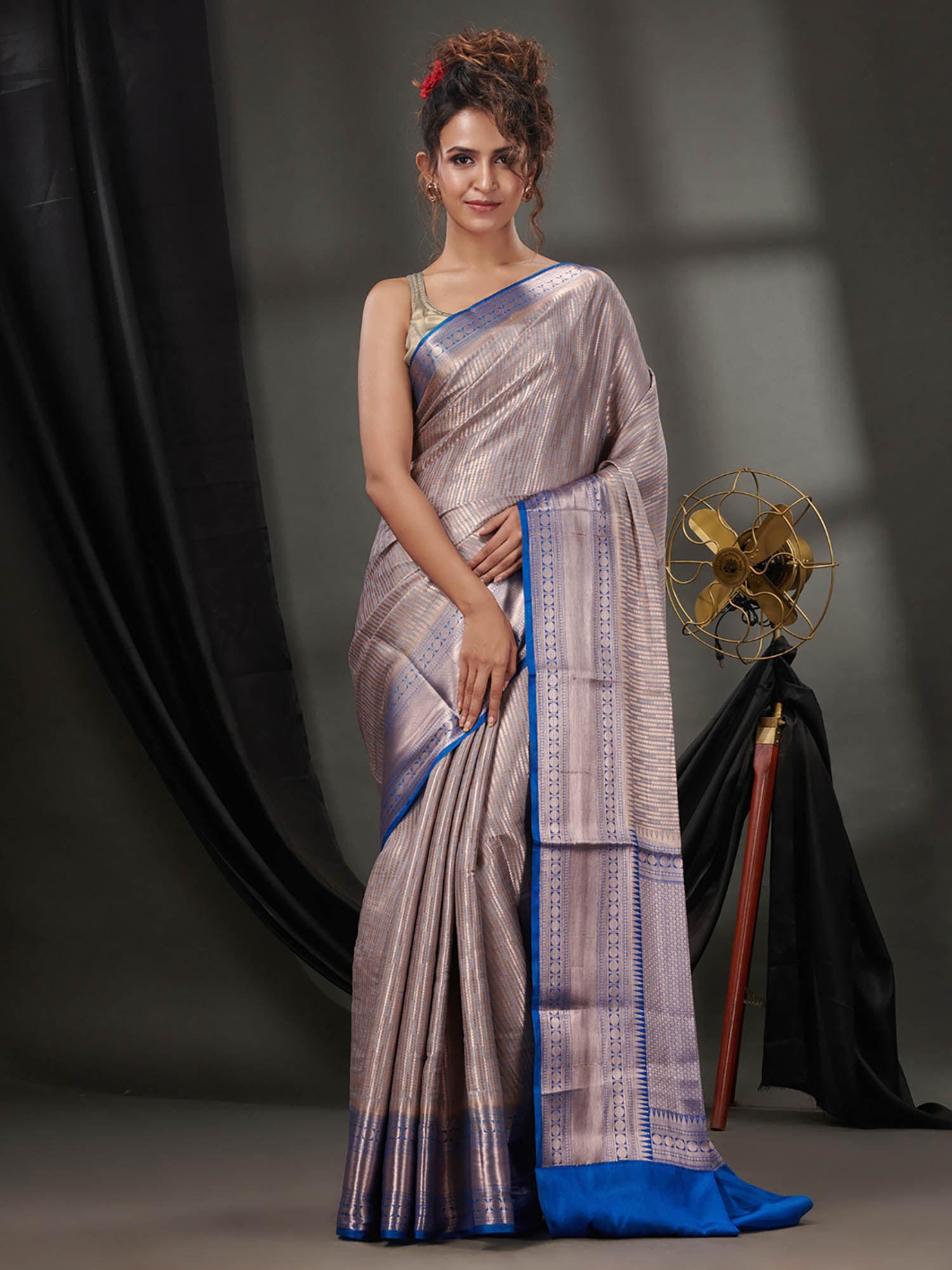 grey blended silk handwoven saree with woven zari designs & unstitched blouse