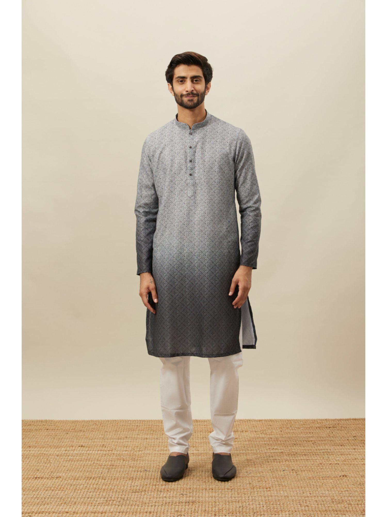 grey blended viscose printed full sleeves kurta