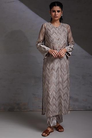 grey block printed kurta set