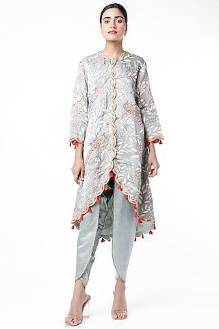 grey block printed kurta set