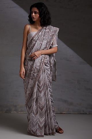 grey block printed saree