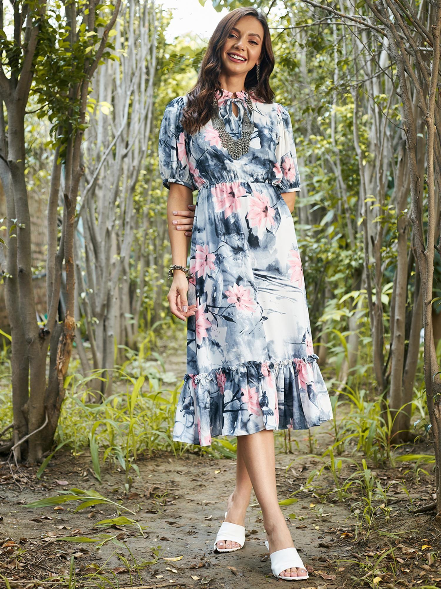 grey blue floral tie-up neck a-line midi dress