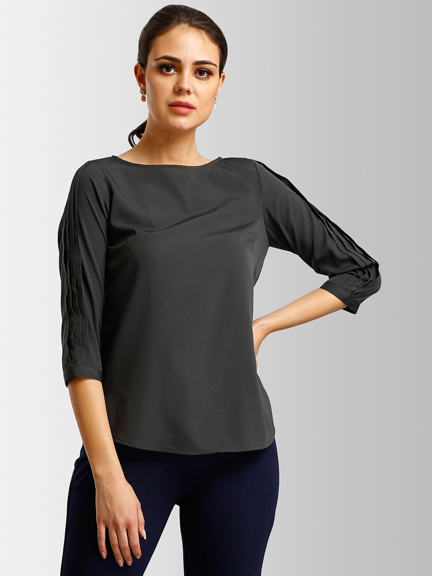 grey boat neck pleated sleeves top