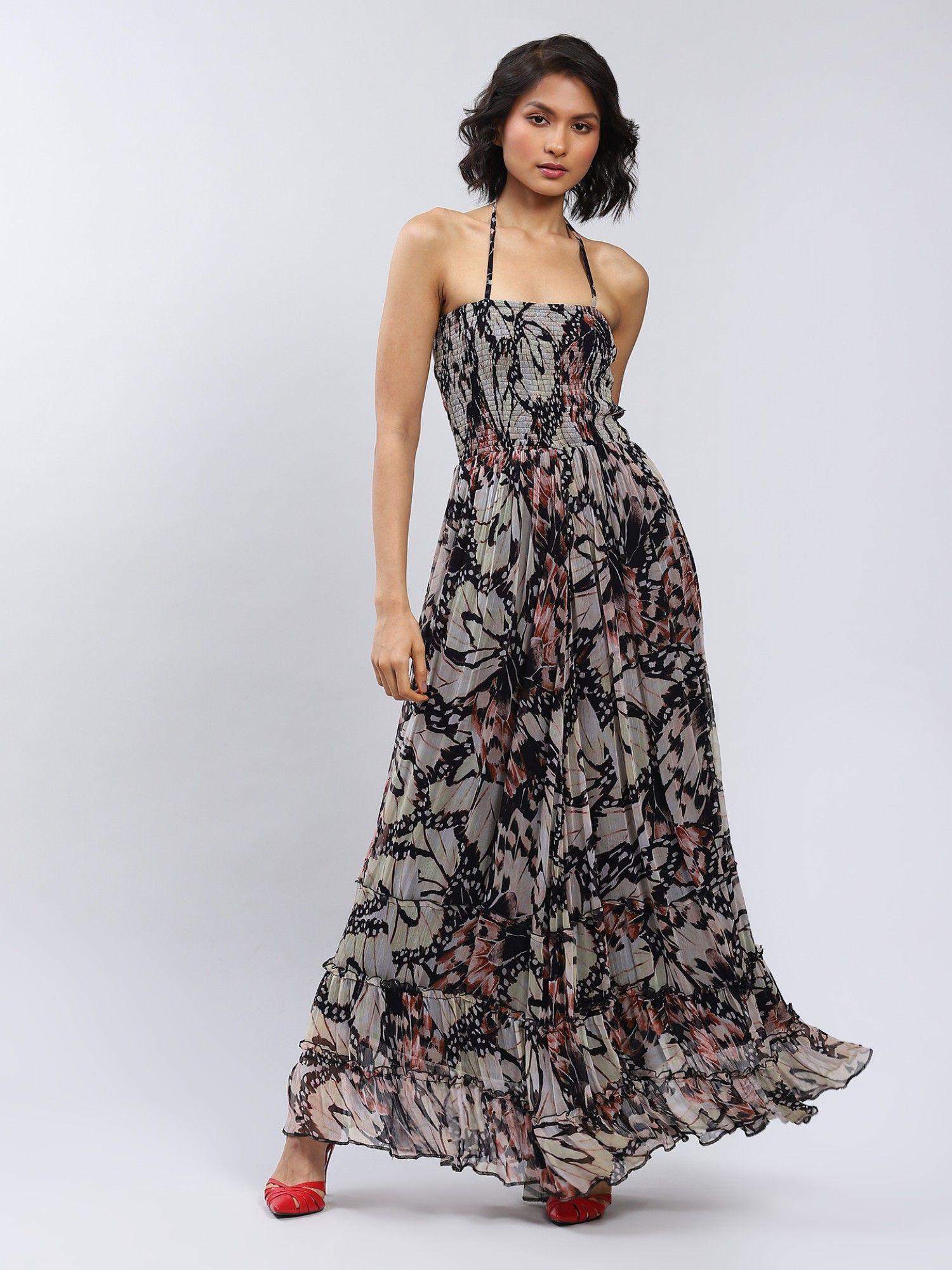 grey botanic print halter maxi dress