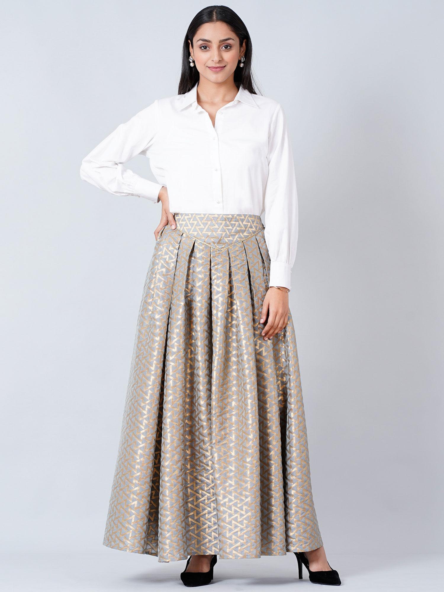 grey brocade skirt and white cotton shirt (set of 2)