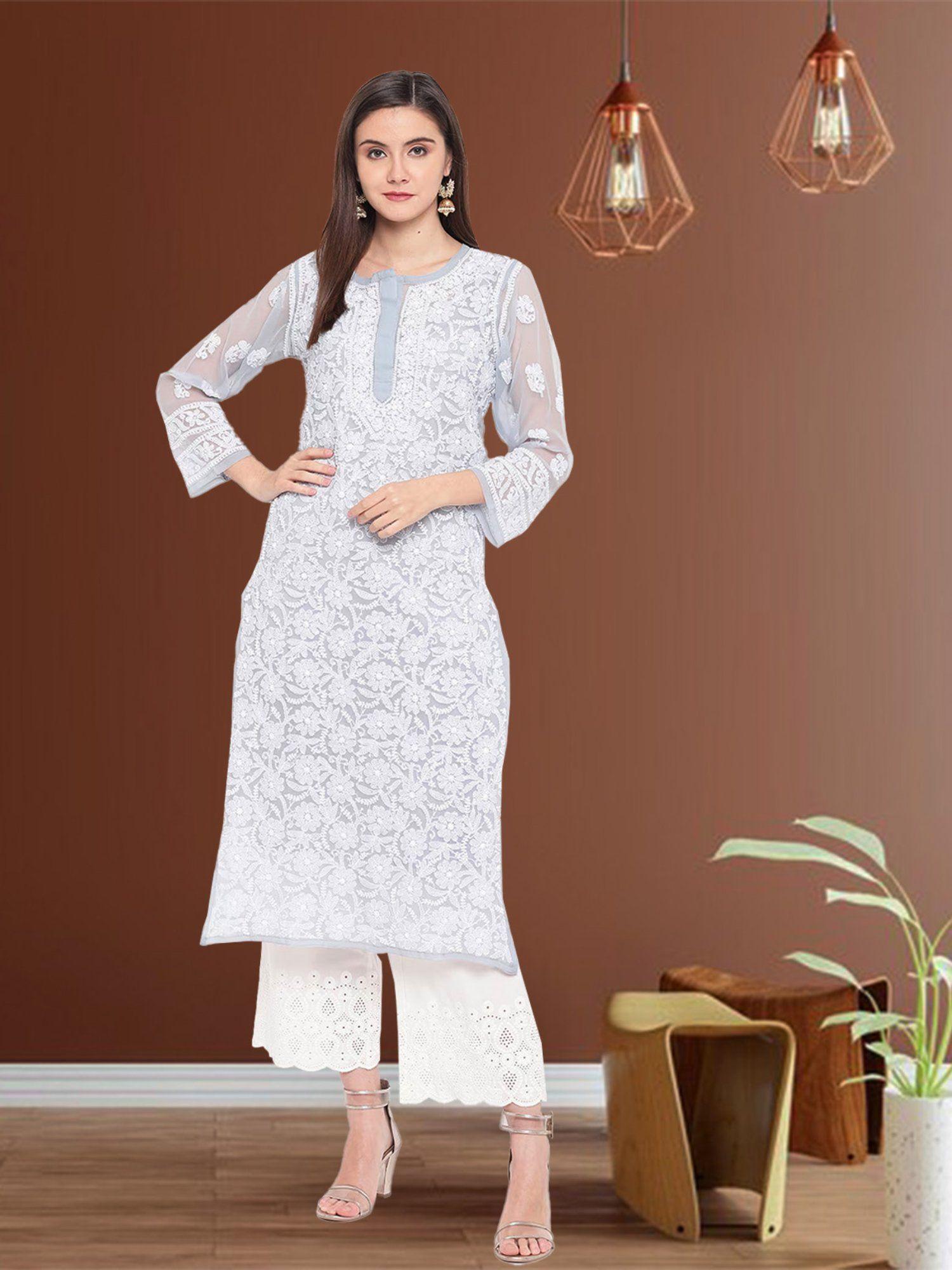 grey casual faux georgette lucknowi chikankari kurta with slip (set of 2) (xs) (a159413)