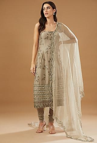 grey chanderi embroidered kurta set