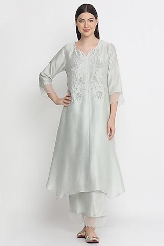 grey chanderi embroidered kurta set