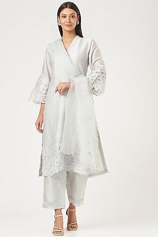 grey chanderi embroidered kurta set