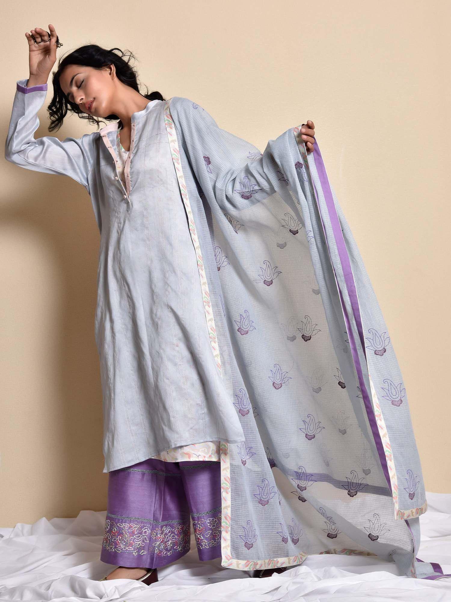 grey chanderi kurta set with dupatta