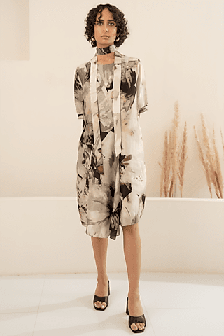grey chanderi printed asymmetrical dress