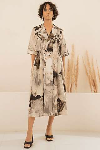 grey chanderi printed gathered shirt dress