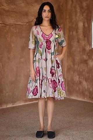 grey chanderi printed knee-length dress