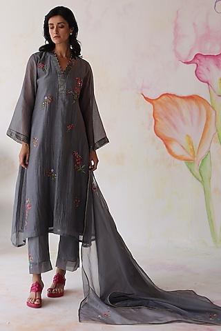 grey chanderi sequins & floral embroidered kurta set