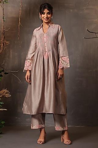 grey chanderi silk applique & cutwork embroidered shibori kurta set