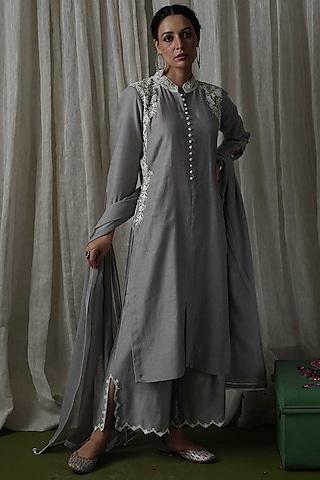 grey chanderi silk embroidered kurta set