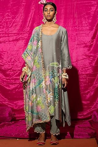 grey chanderi silk printed a-line kurta set