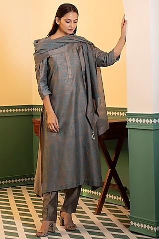 grey chanderi silk printed a-line kurta set