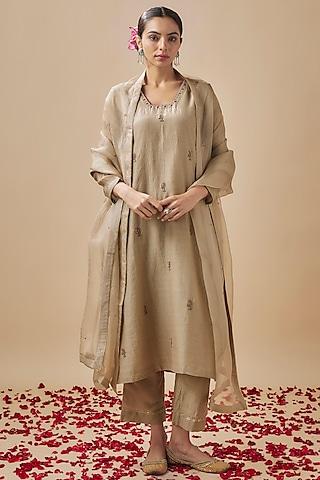 grey chanderi silk resham & pitta embroidered kurta set