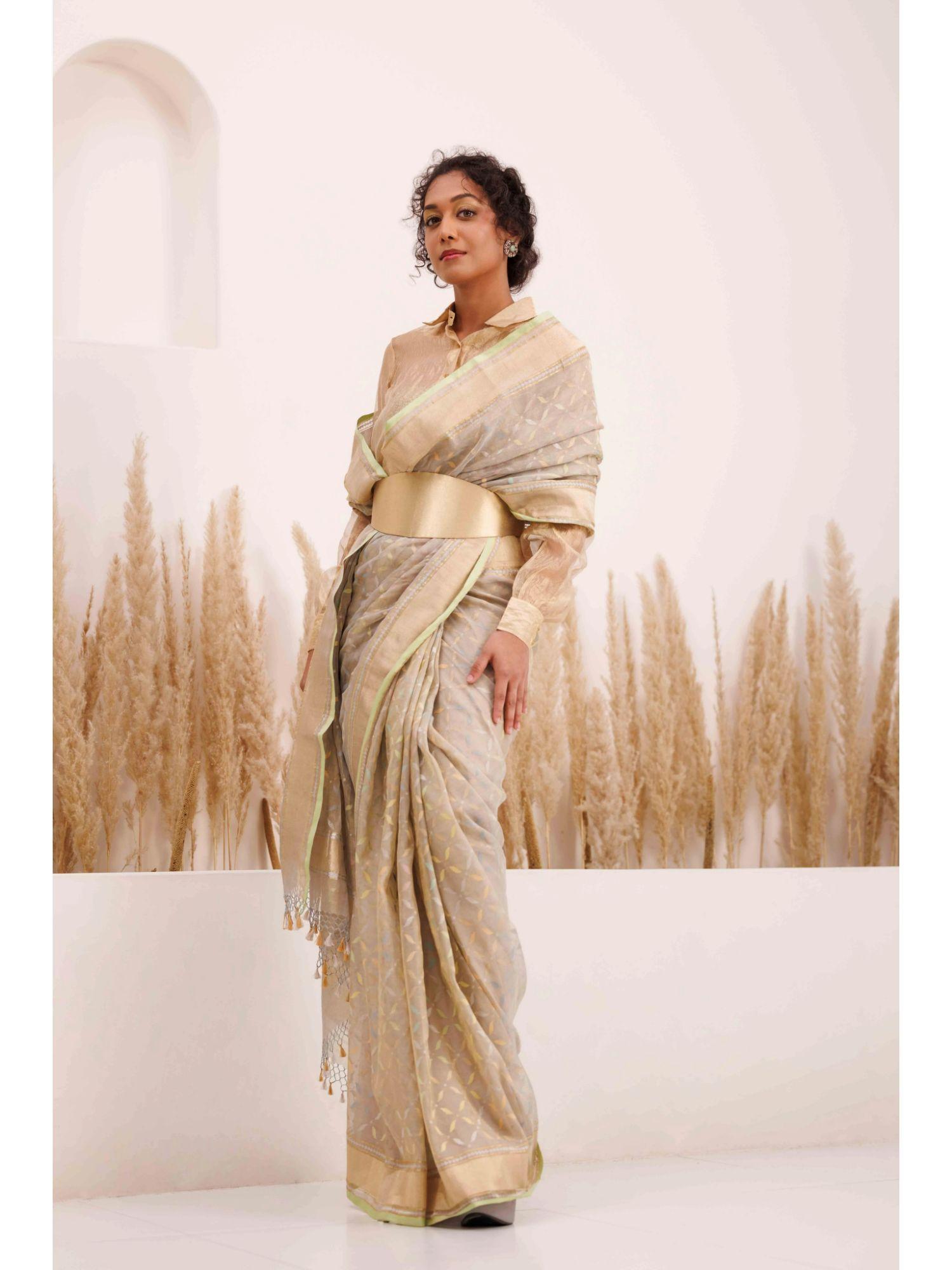 grey chandra saree with stitched blouse