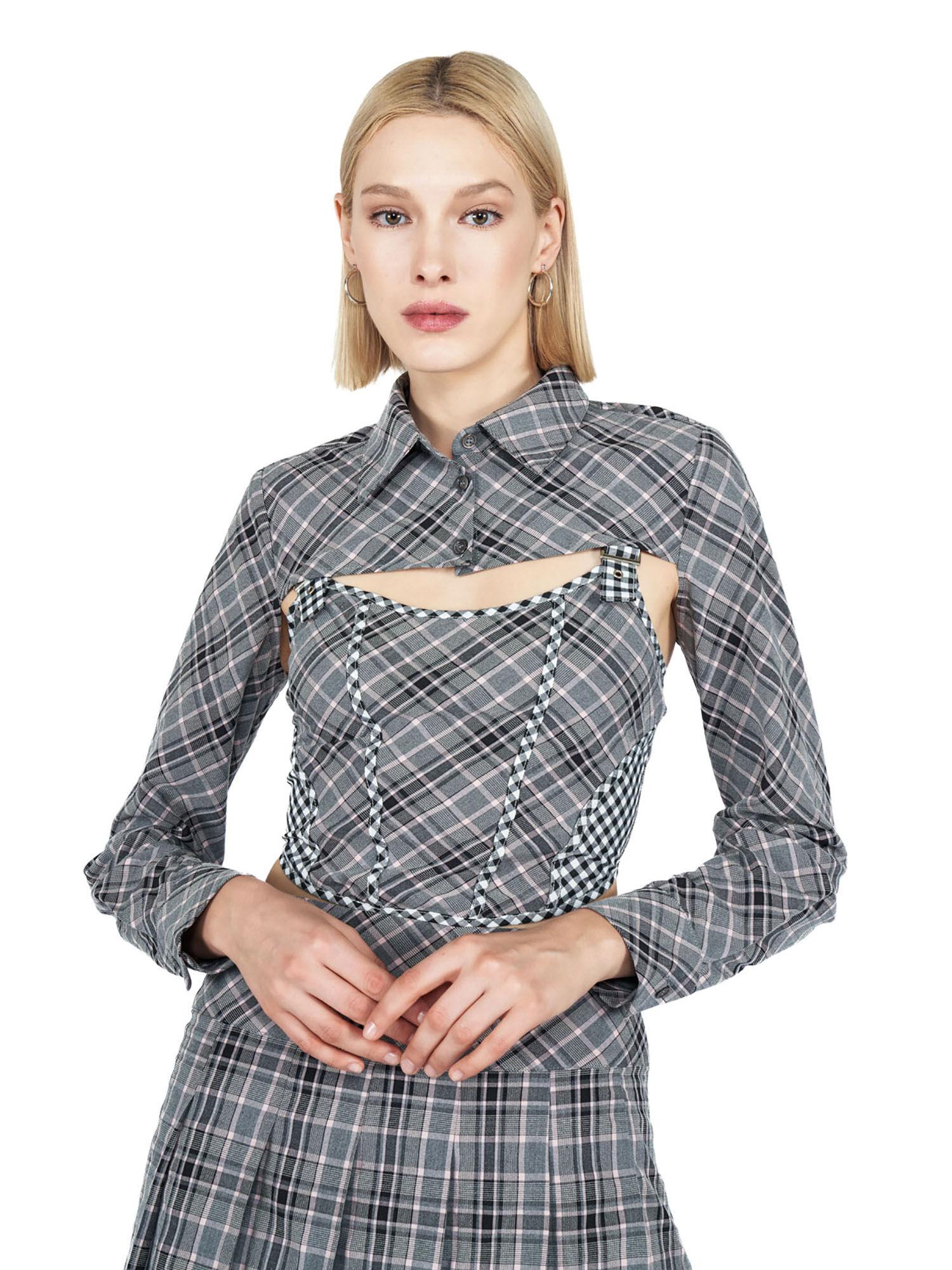 grey check corset crop shirt