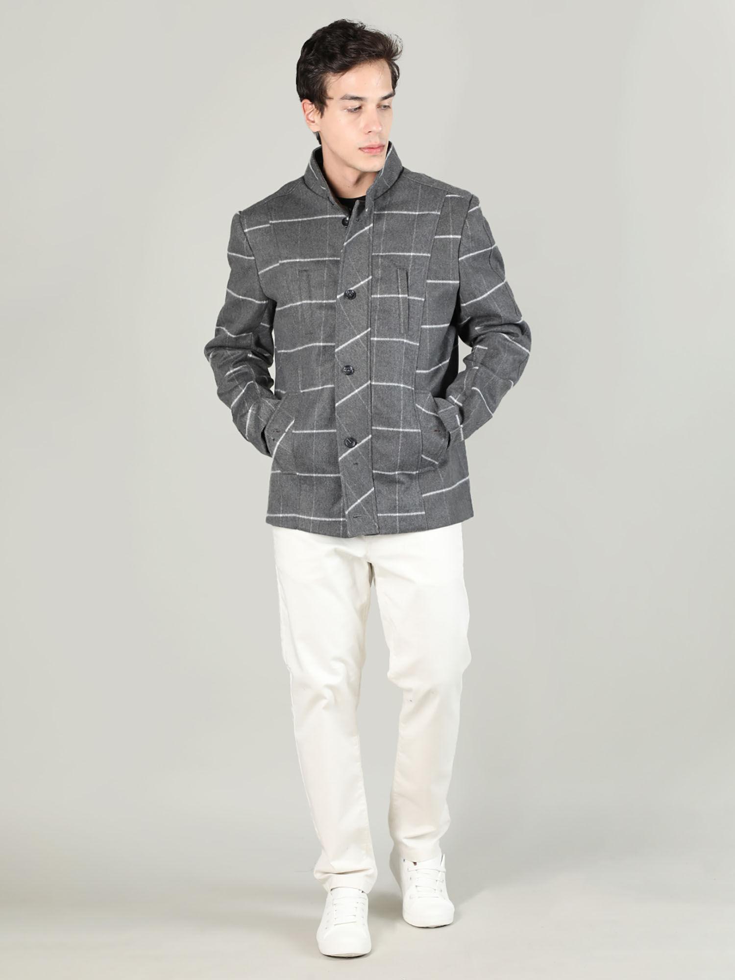 grey checked stand collar coats