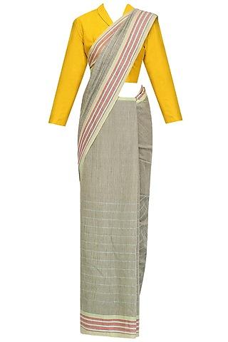 grey checkered saree and mustard yellow blouse set