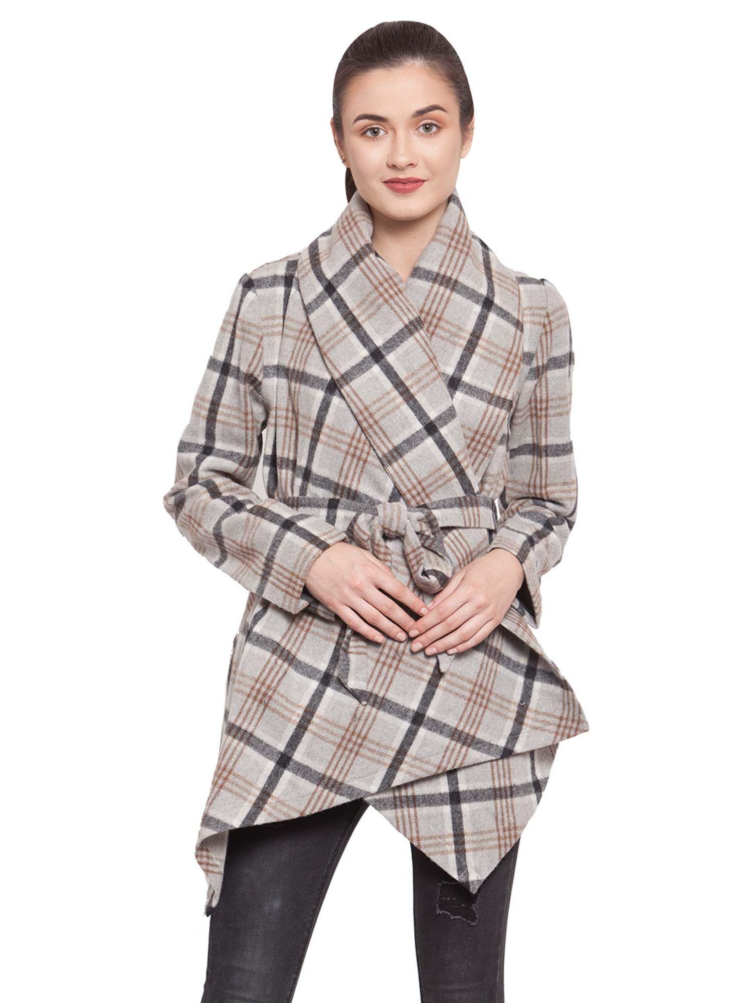 grey checkered wool cape