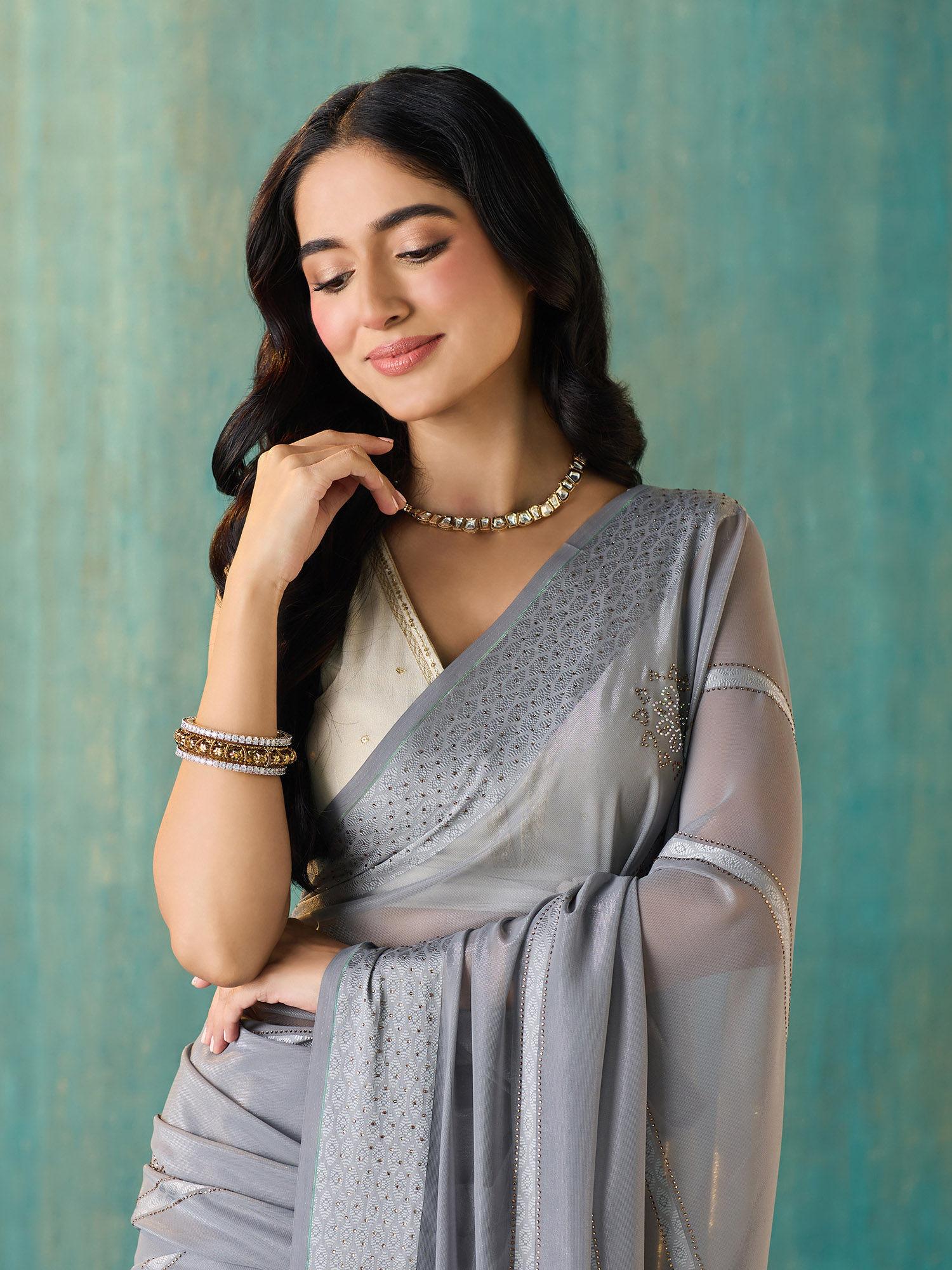 grey chiffon embroidered and embellished saree with unstitched blouse liksar116 (free size)