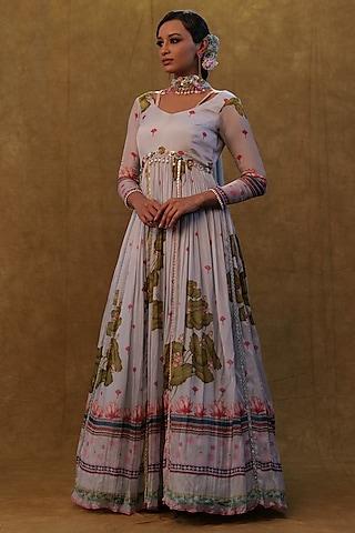 grey chiffon floral printed & sequins work anarkali set