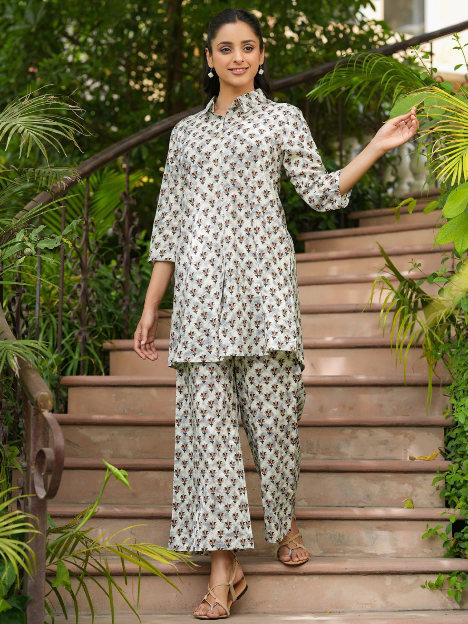 grey color printed women pure cotton kurti & pyjama night suit (set of 2)