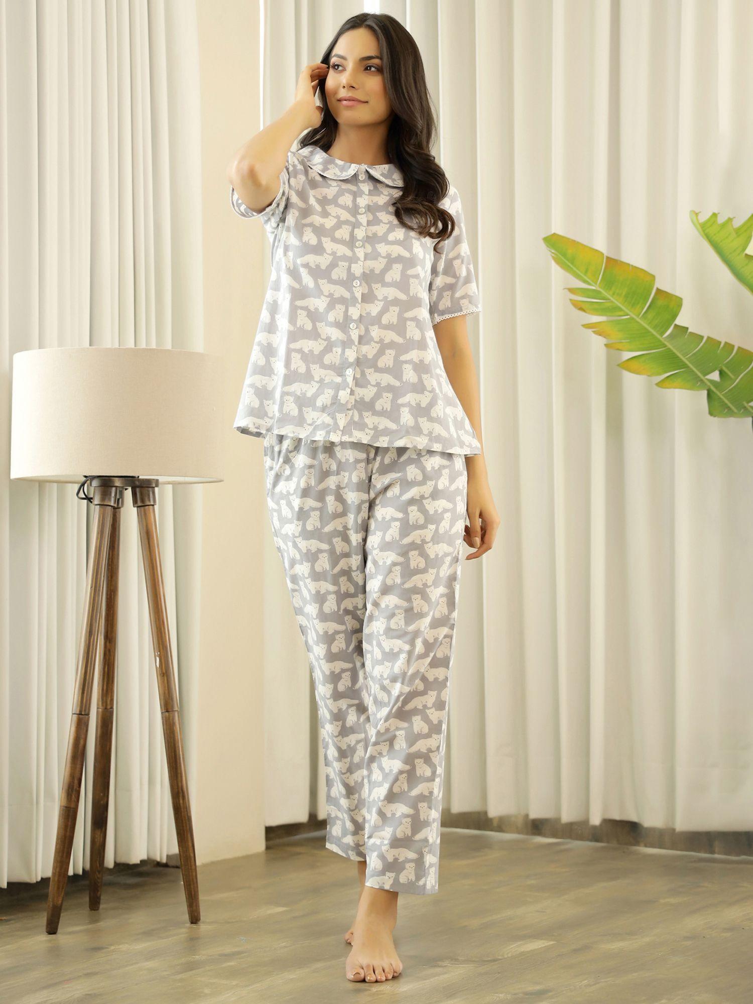grey color printed women pure cotton shirt & pyjama night suit (set of 2)