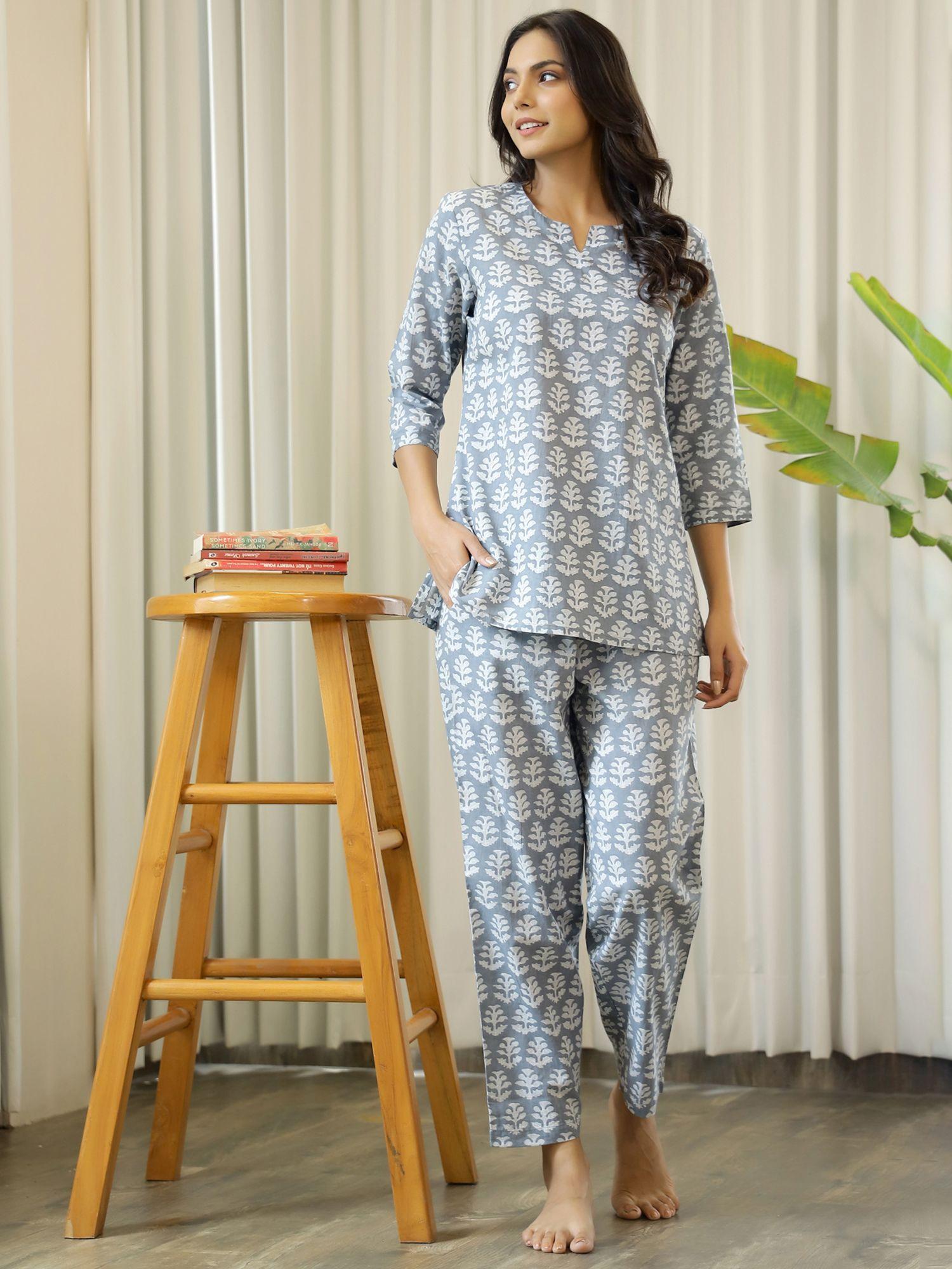 grey color printed women pure cotton top & pyjama night suit (set of 2)