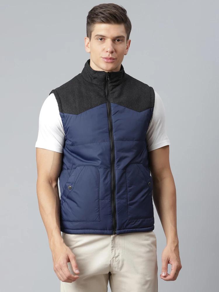 grey colour blocked high neck jacket